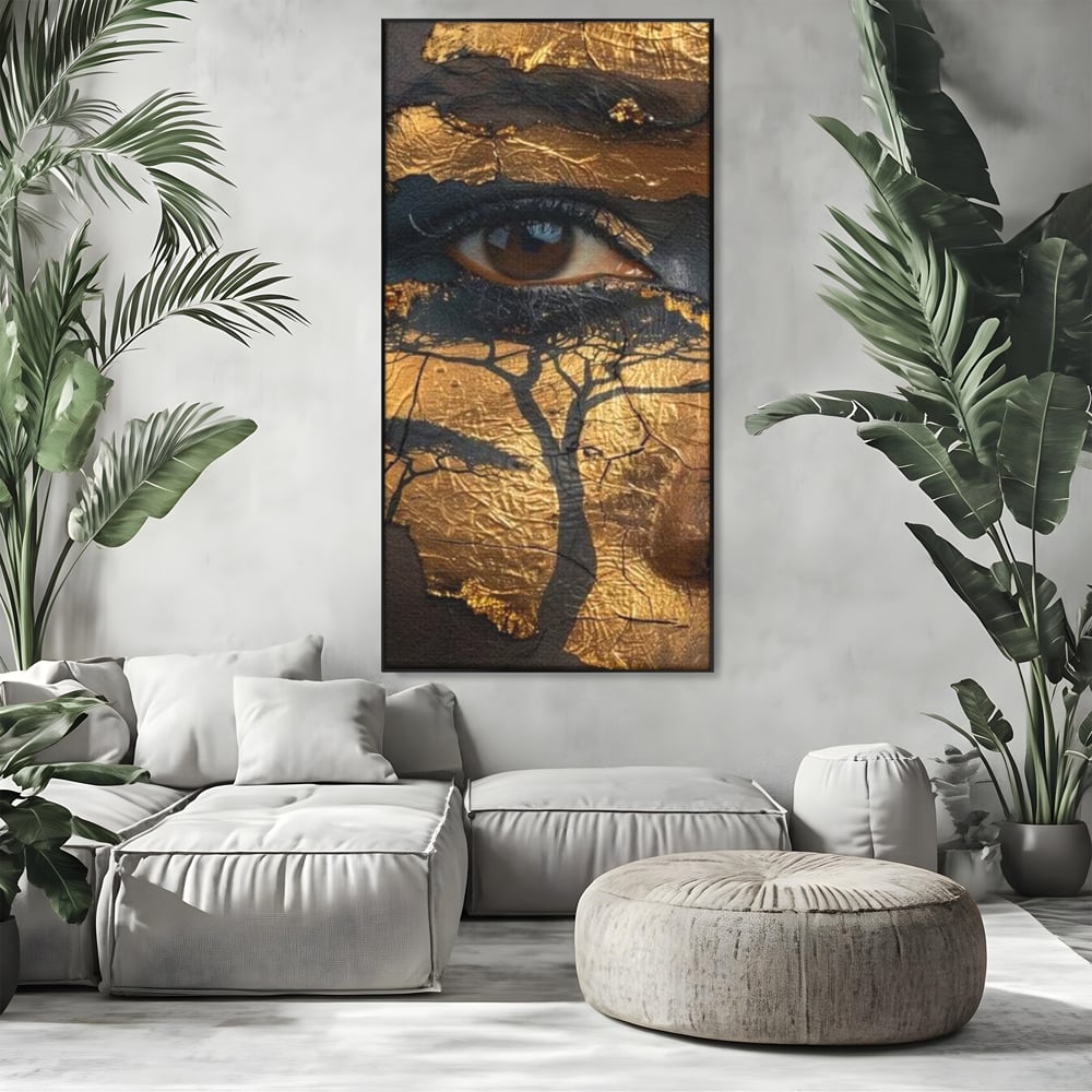 Tablou canvas cu tablou canvas cu ochi uman si arbore, in rama de aluminiu negru, pe perete intr-un living